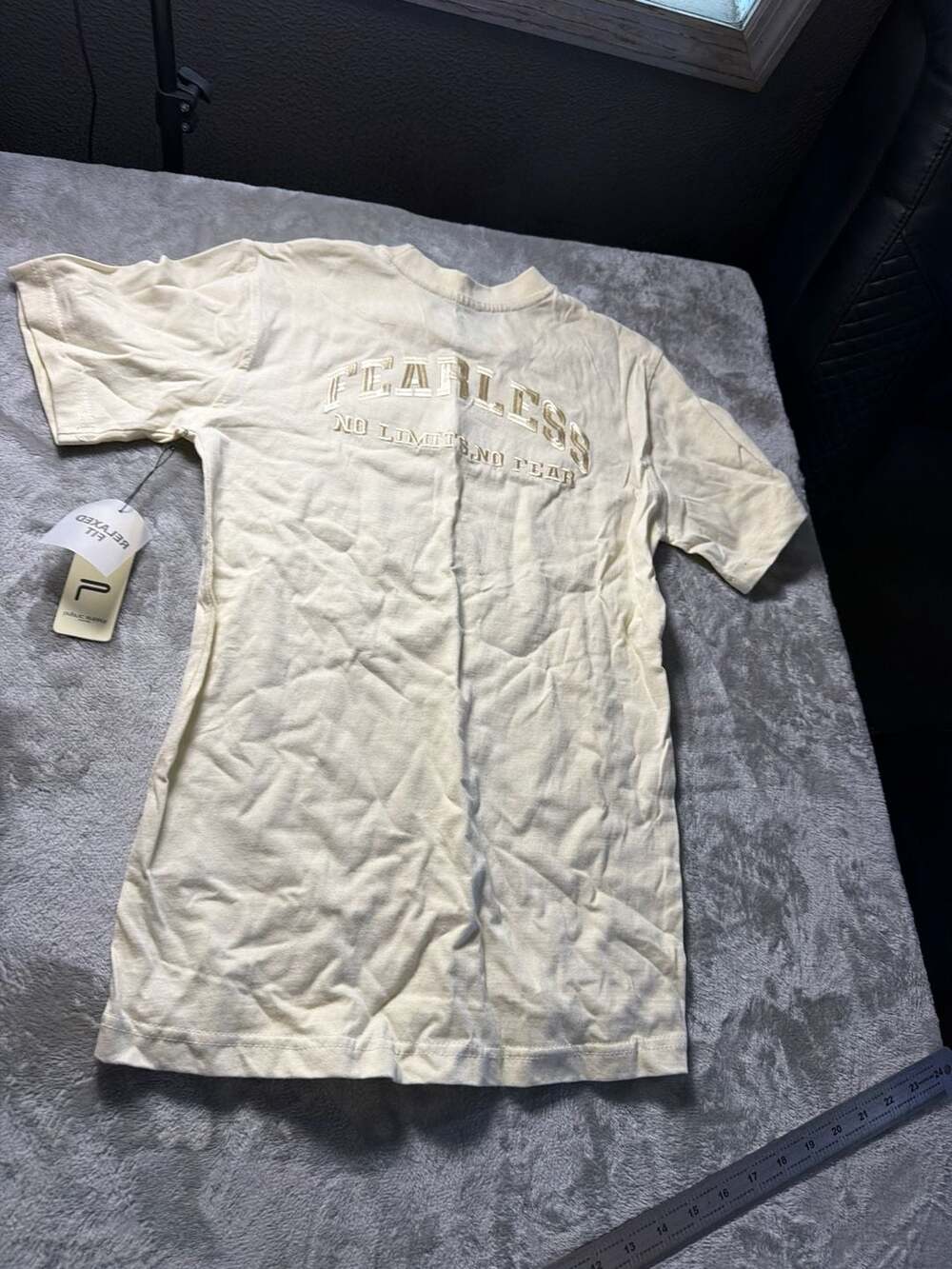 Public Supply NYC Fearless Embroidered Relaxed Fit T-Shirt Cream Size XL (18/20)